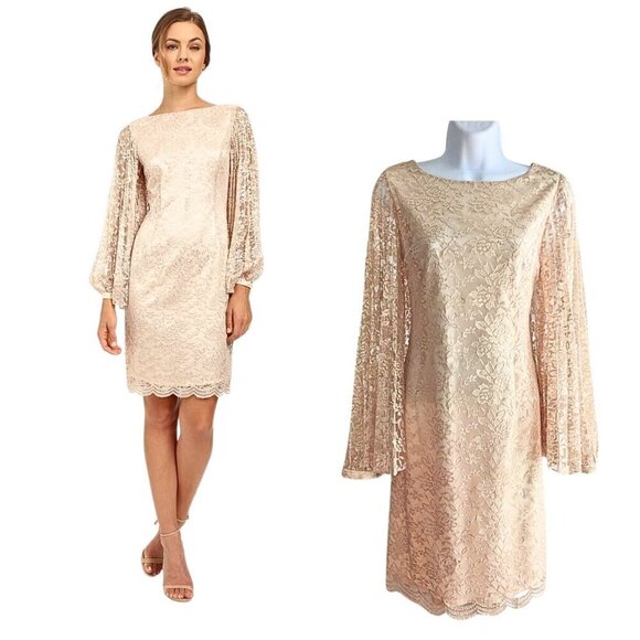 Angelic TAHARI ARTHUR S LEVIN Champagne Satin Georgette Angel Sleeve Lace Overla - Picture 1 of 10
